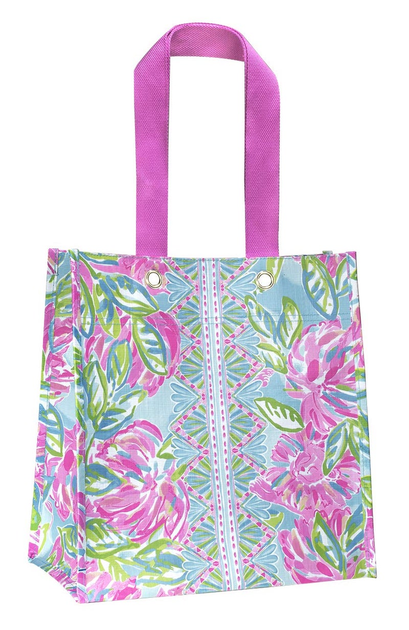 Lilly Pulitzer Pink/Green Market Shopper Bag, Reusable Grocery Tote with Comfortable Shoulder Straps, Totally Blossom - Image 1